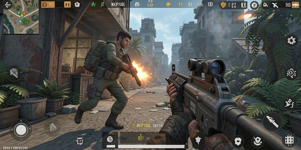 Screenshot gameplay KPK100 yang menunjukkan aksi tembak-menembak yang intens.