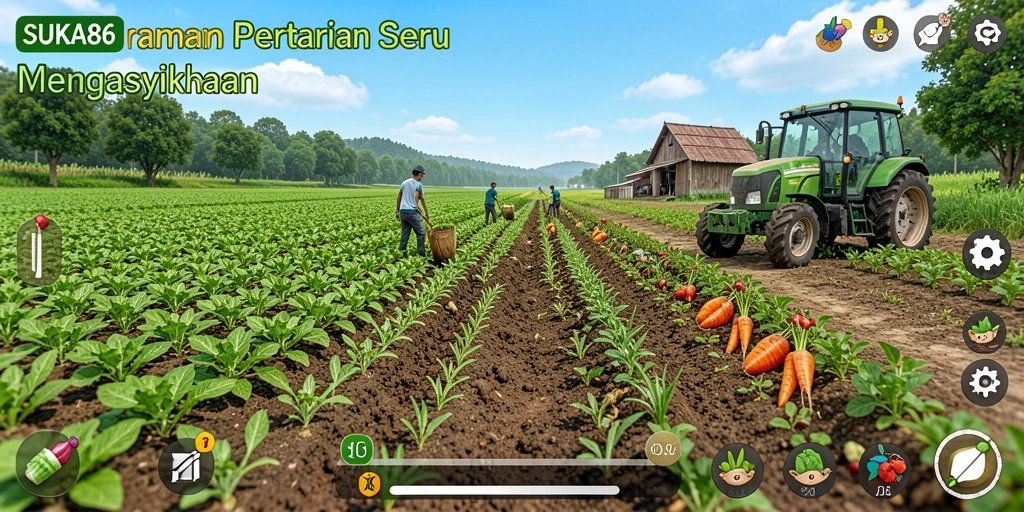 Screenshot gameplay <strong>SUKA86</strong> menunjukkan kebun subur yang penuh tanaman.
